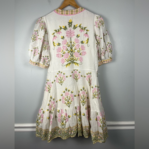 A loves a white pink green Bubble Sleeve Floral Dress MISSING BELT size large - Picture 8 of 9